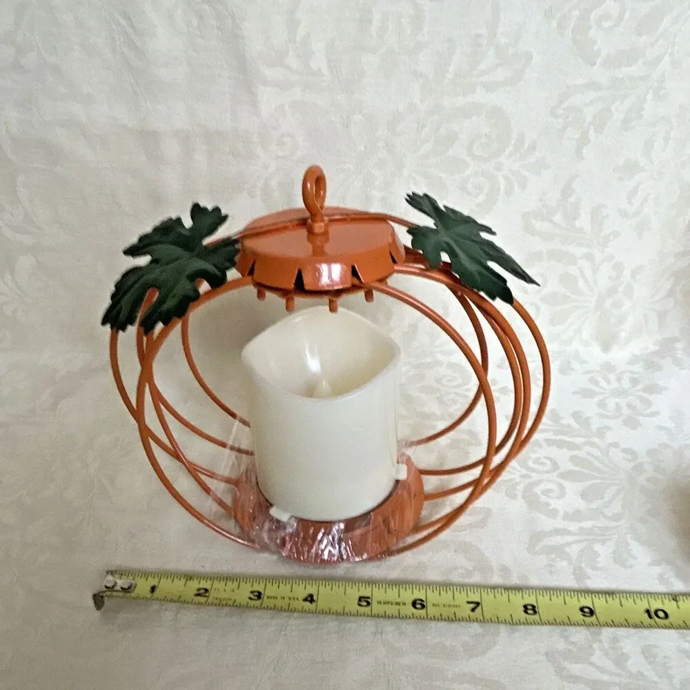 Set of 3 Metal Orange Pumpkin Candle Holders w/ LED Candles, Halloween